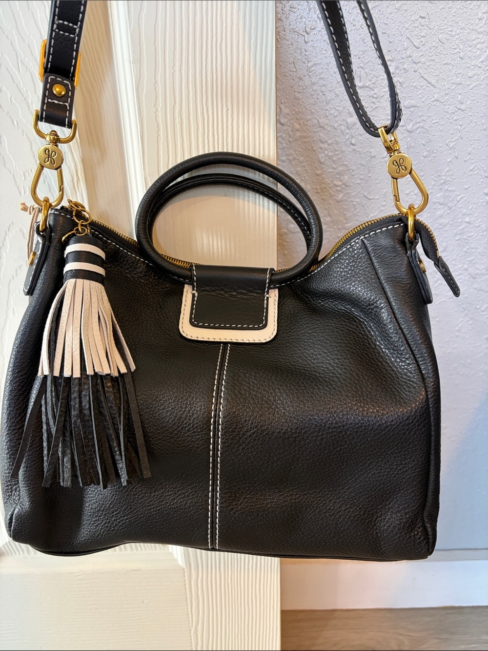 HOBO Black Leather Satchel with Cream Trim and Tassel